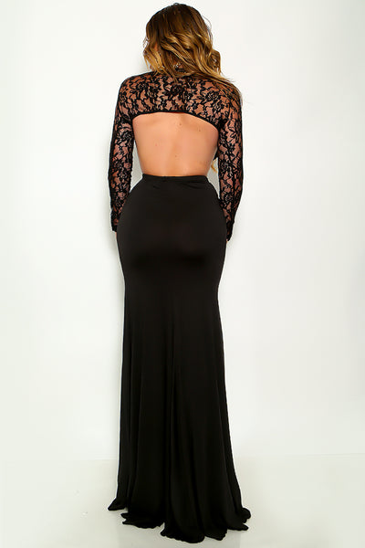 Black Lace Long Sleeve Cut-Out High Slit Maxi Sexy Dress