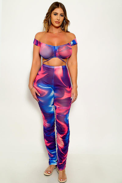 Pink Blue Tie Dye Mesh Off The Shoulder Top Pants 2 Pc Sexy Outfit - AMIClubwear