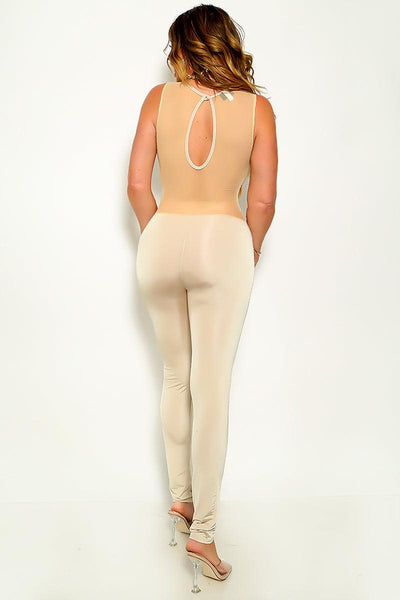 Beige Satin Mesh Cut Out Fitted Sexy Jumpsuit - AMIClubwear