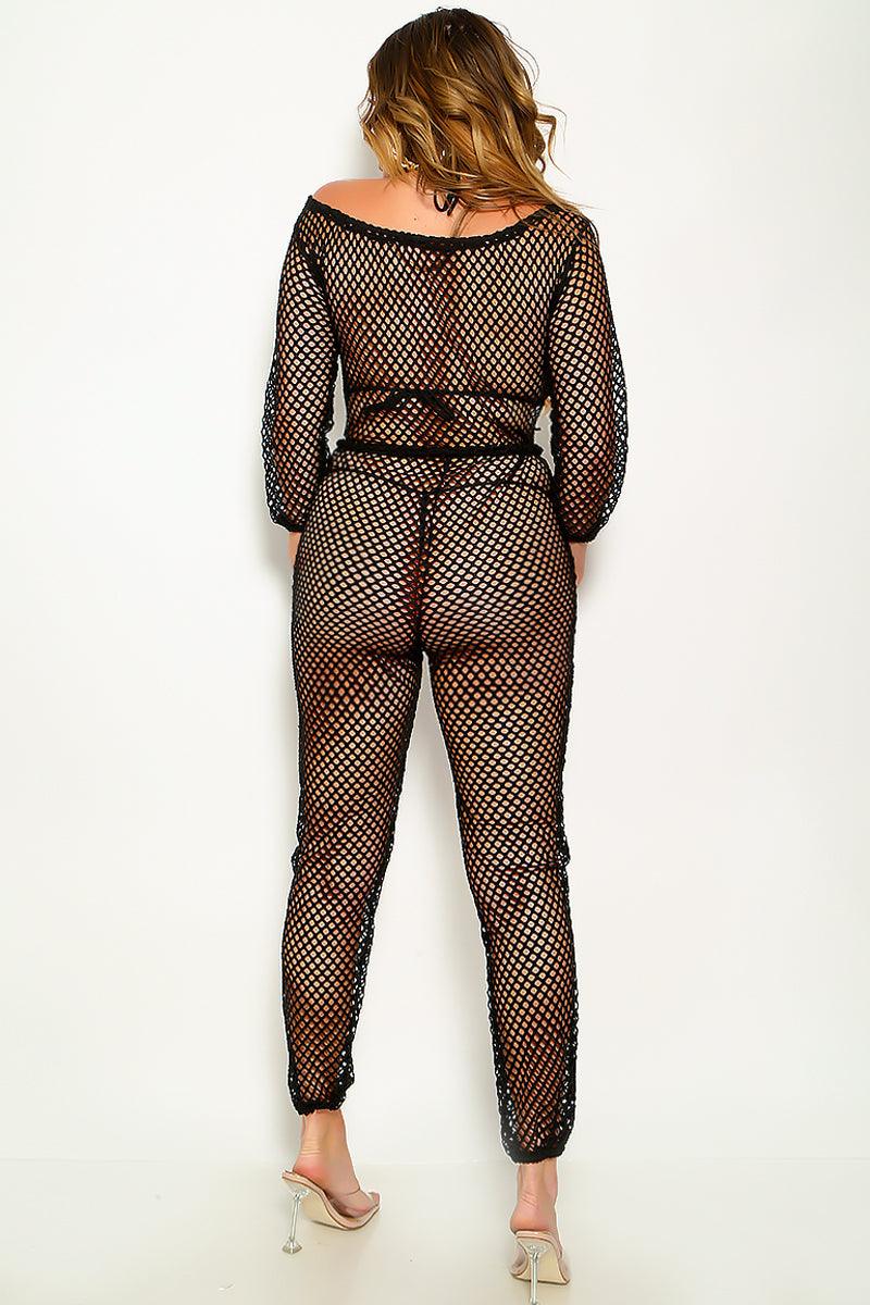 Black Netted Long Sleeve Full Length Draw String Sexy Jumpsuit - AMIClubwear