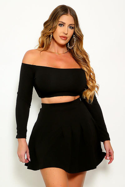 Black Long Sleeve Off The Shoulders Skater Skirt 2 Pc Sexy Outfit - AMIClubwear