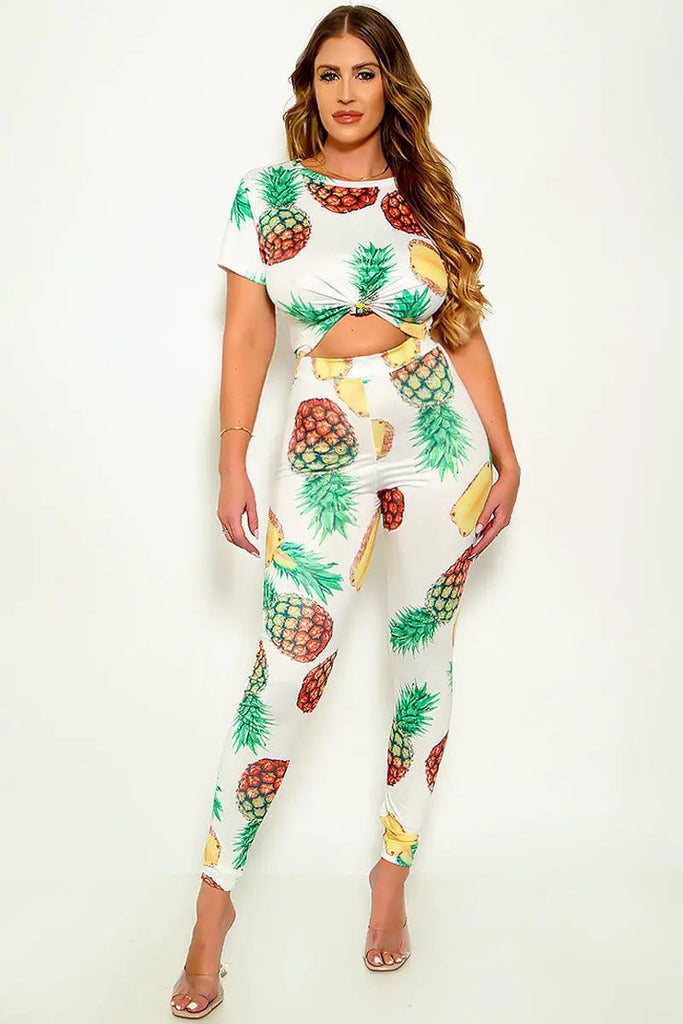 White Pineapple Print Top Leggings 2Pc Outfit Sexy Jumpsuit