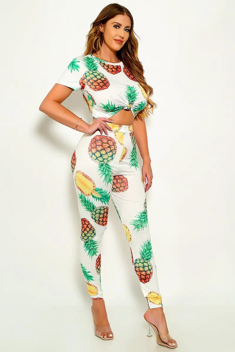White Pineapple Print Top Leggings 2Pc Outfit Sexy Jumpsuit