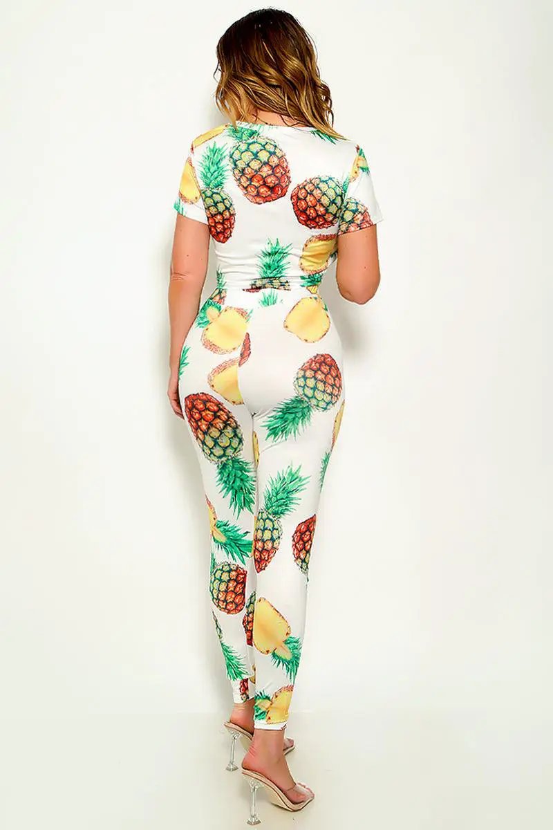 White Pineapple Print Top Leggings 2Pc Outfit Sexy Jumpsuit