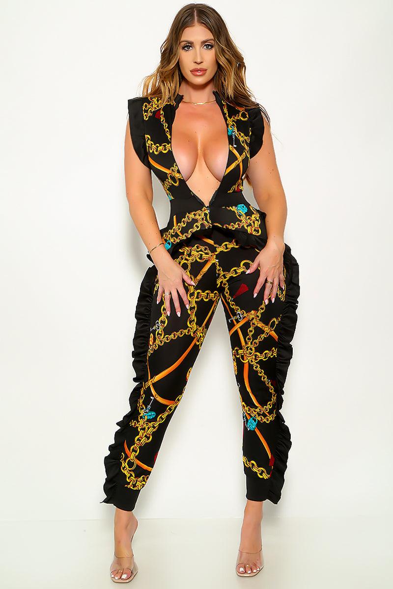 Black Gold Chain Printed Ruffle Zipper Sexy Jumpsuit - AMIClubwear