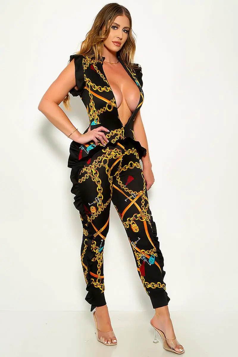 Black Gold Chain Printed Ruffle Zipper Sexy Jumpsuit