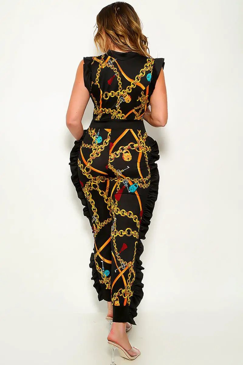 Black Gold Chain Printed Ruffle Zipper Sexy Jumpsuit