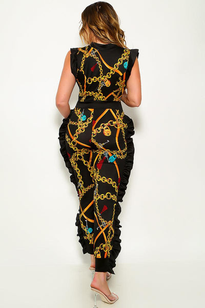 Black Gold Chain Printed Ruffle Zipper Sexy Jumpsuit - AMIClubwear