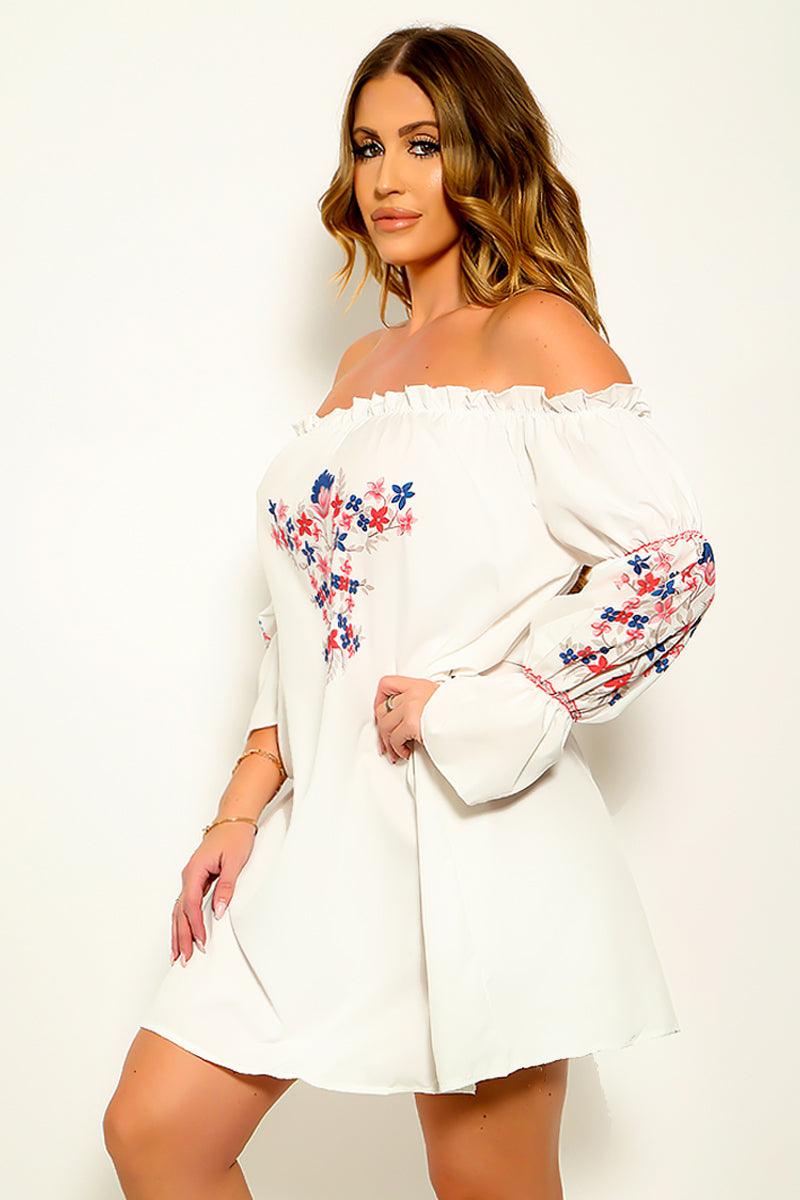 White Embroider Off The Shoulders Bell Sleeves Sexy Dress - AMIClubwear