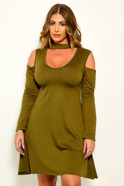 Olive Cold Shoulders V Neck Choker A Line Sexy Long Sleeve Dress - AMIClubwear