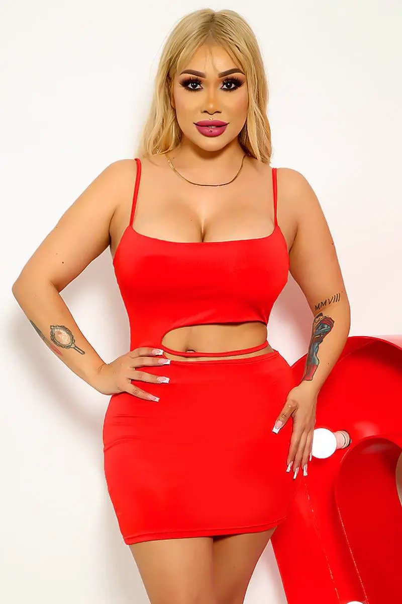 Red Spaghetti Straps Cut-Out Strappy Fitted Mini Party Dress