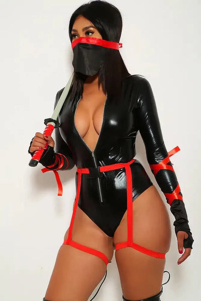 Black Faux Leather Zipper Red Ninja 4 Piece Costume