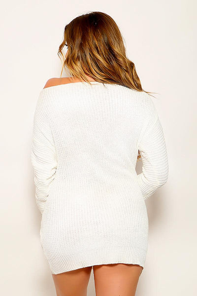 White Off The Shoulder Knit Warm Sexy Long Sleeves Sweater Dress - AMIClubwear