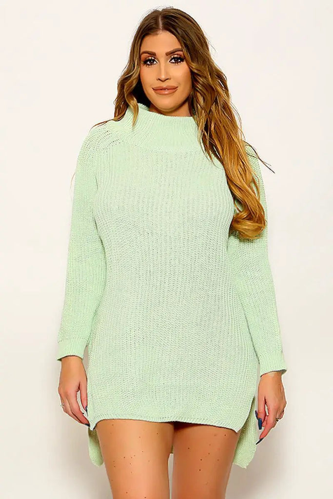 Light Green Long Sleeves Side Slit High Low Turtle Neck Sexy Sweater Dress
