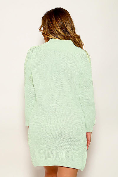 Light Green Long Sleeves Side Slit High Low Turtle Neck Sexy Sweater Dress - AMIClubwear