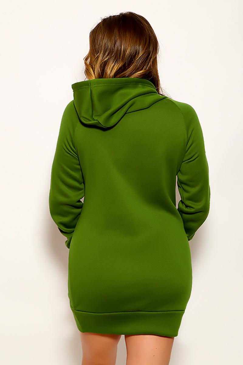 Green Hoodie Zipper Pocket Sexy Sweatshirt Dress Sweater - AMIClubwear