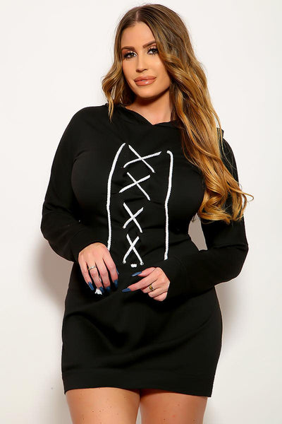 Black Hooded Lace Up Sweater Sexy Dress Hoodie