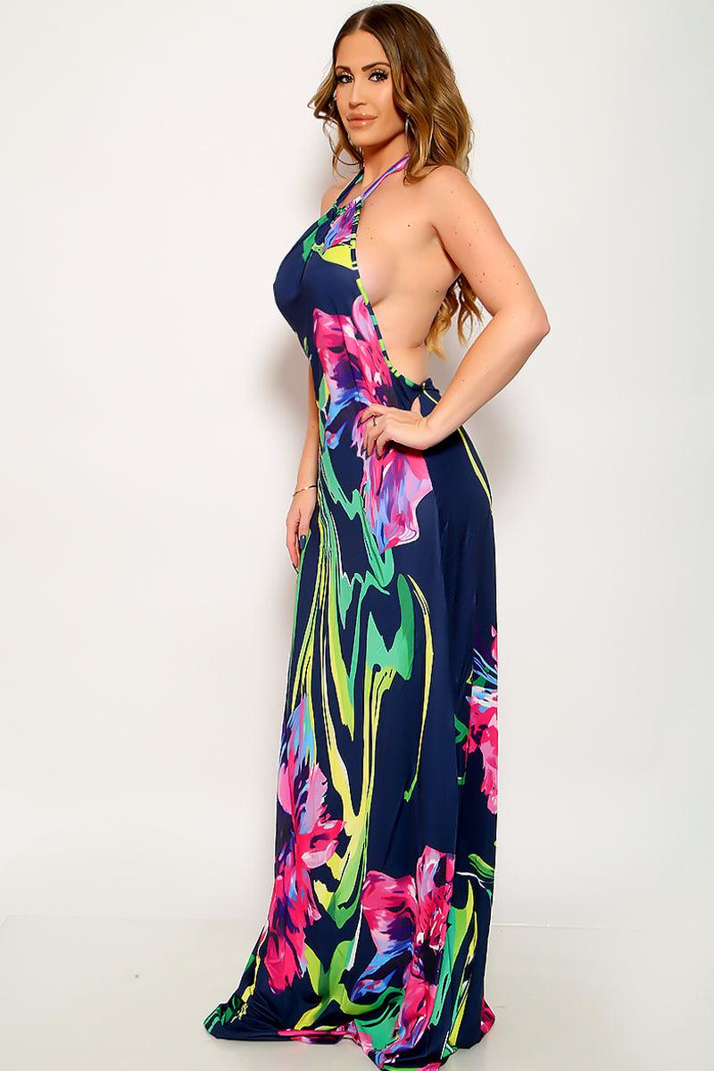 Navy Multi Floral Print Halter Cut-Out Backless Maxi Full Length Dress - AMIClubwear