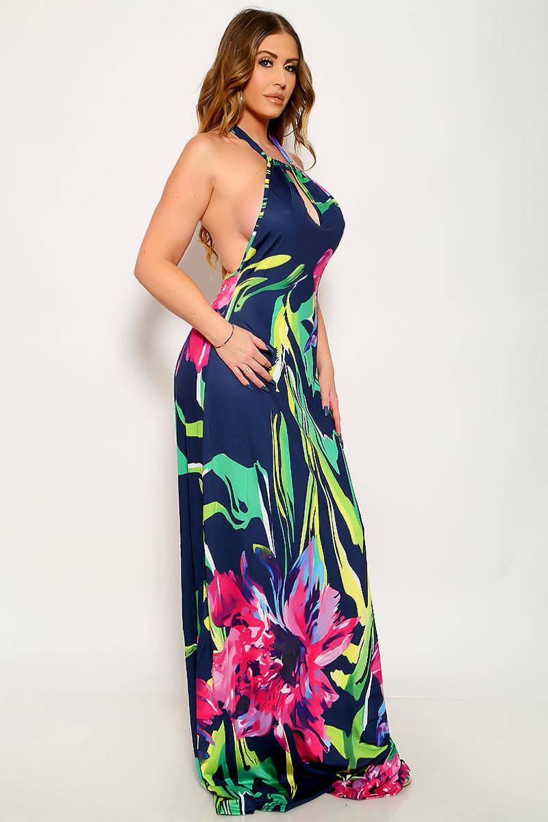 Navy Multi Floral Print Halter Cut-Out Backless Maxi Full Length Dress - AMIClubwear