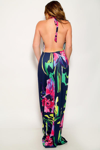 Navy Multi Floral Print Halter Cut-Out Backless Maxi Full Length Dress - AMIClubwear