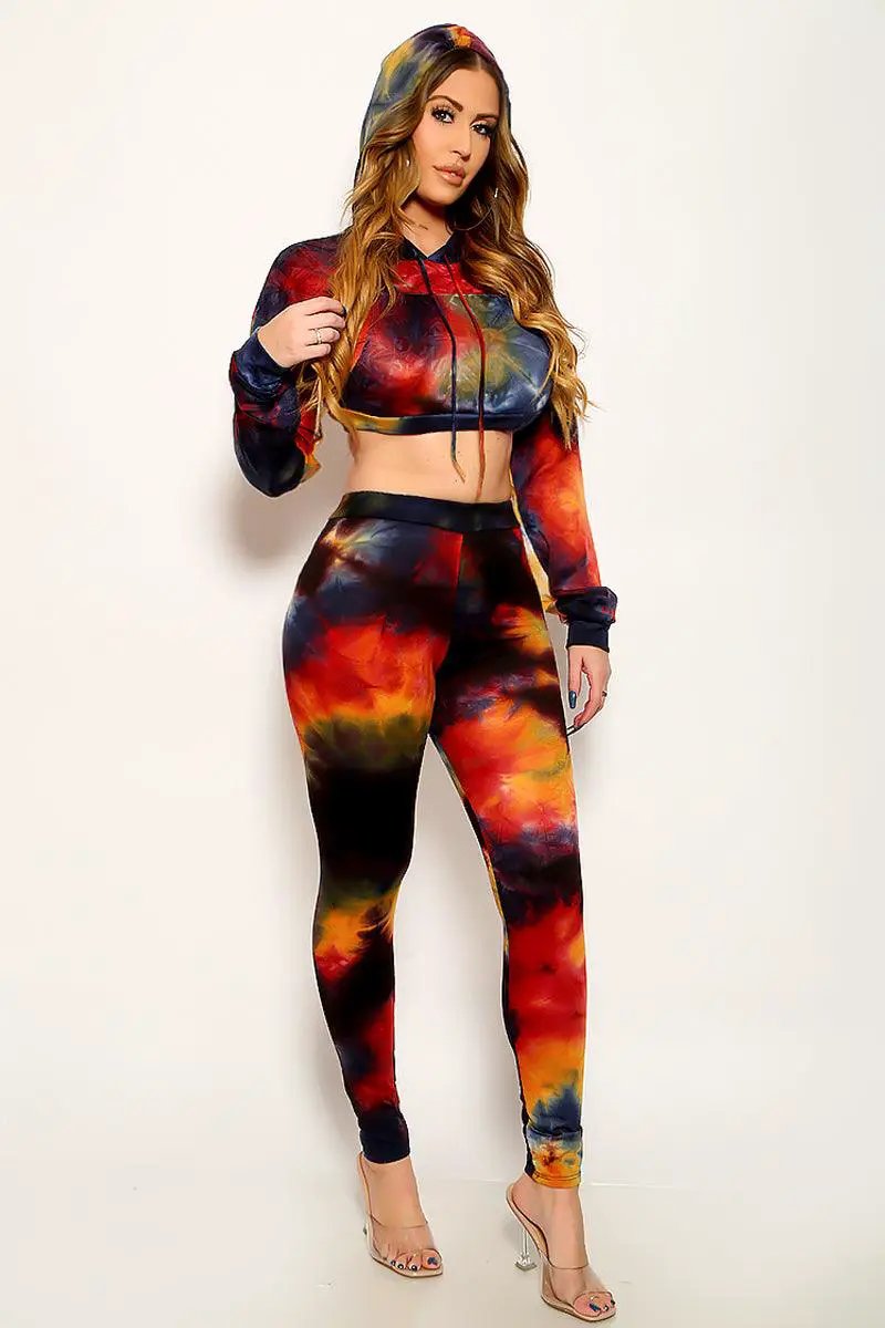 Tie Dye Hooded Long Sleeve Crop Top Leggings 2Pc Sexy Outfit