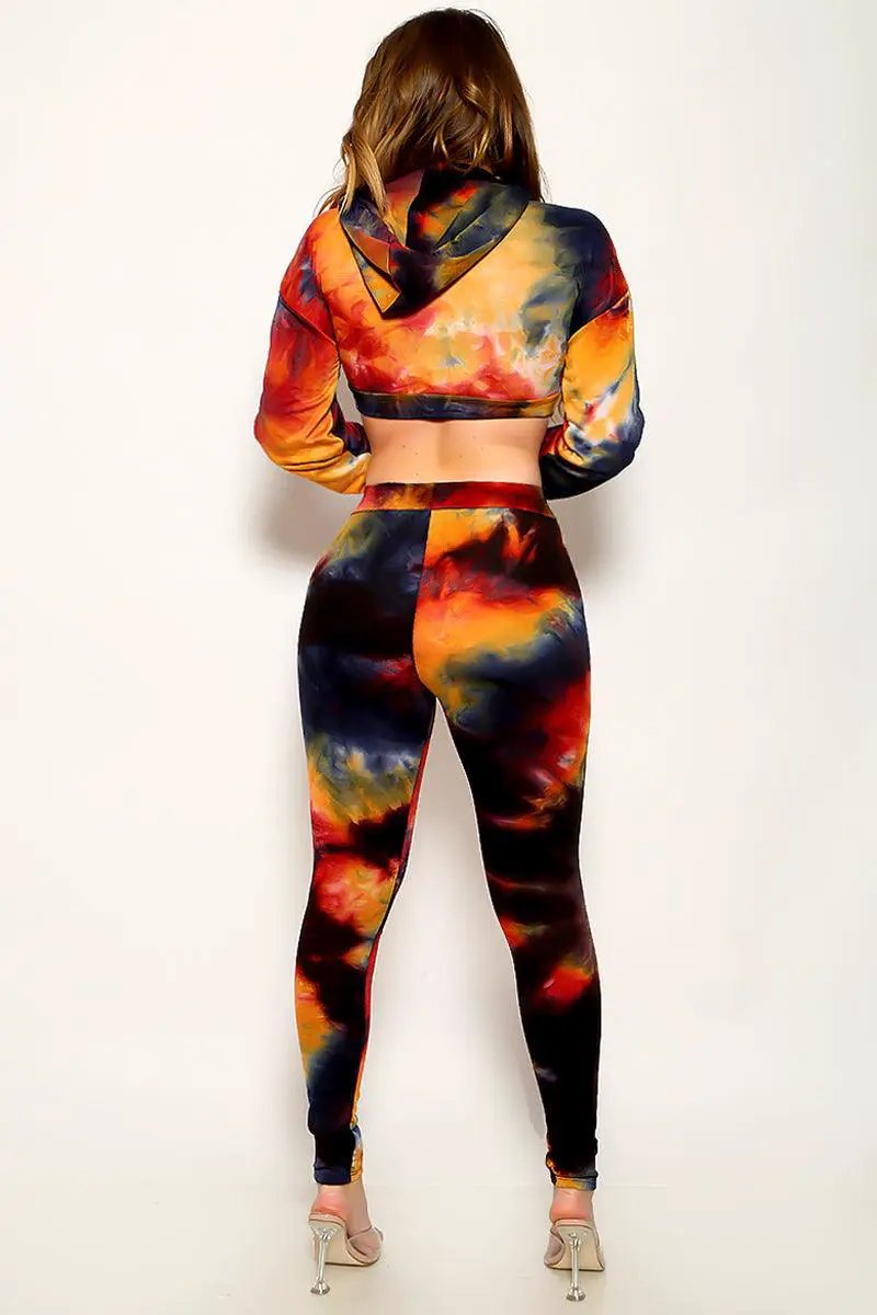 Tie Dye Hooded Long Sleeve Crop Top Leggings 2Pc Sexy Outfit