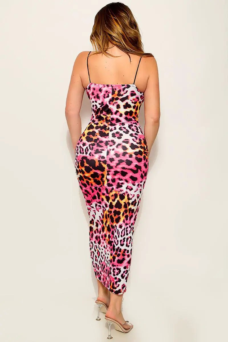 Pink Leopard Print Thin Straps Midi Sexy Dress