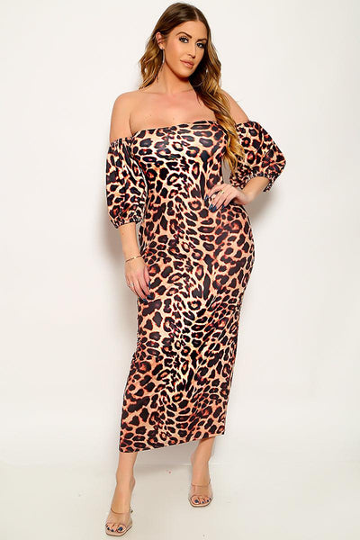 Leopard Print Puff Sleeves Off The Shoulders Full Length Midi Sexy Dress - AMIClubwear