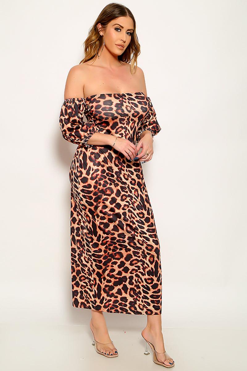 Leopard Print Puff Sleeves Off The Shoulders Full Length Midi Sexy Dress - AMIClubwear