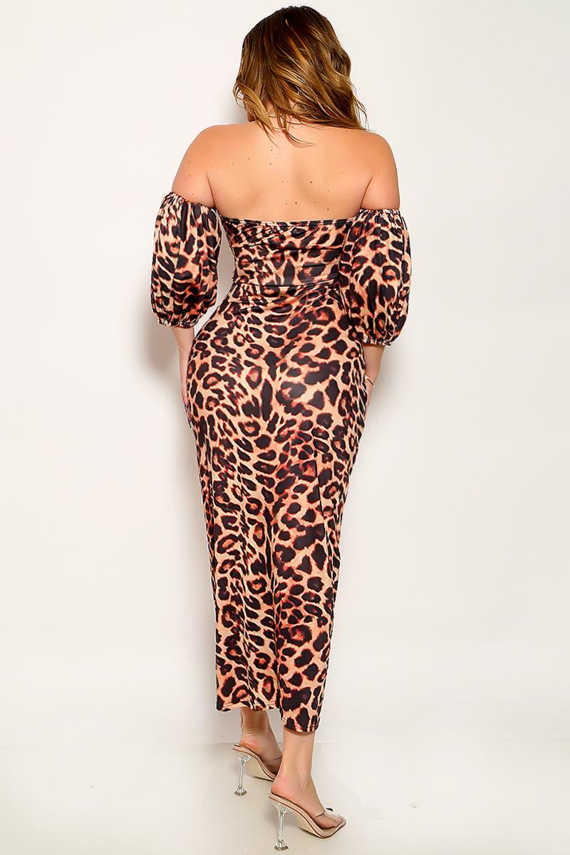 Leopard Print Puff Sleeves Off The Shoulders Full Length Midi Sexy Dress - AMIClubwear