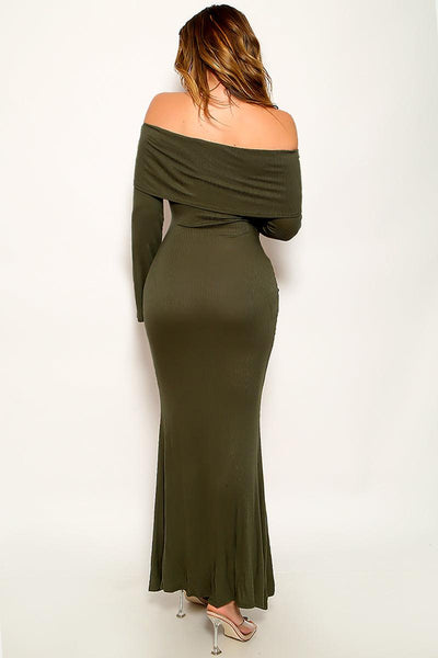 Olive Green Off The Shoulders Bell Sleeves Mermaid Maxi Dress - AMIClubwear