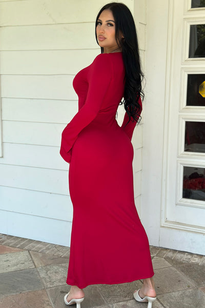 Wine Long Bell Sleeves Fitted Flare Fleece Long Maxi Party Dress