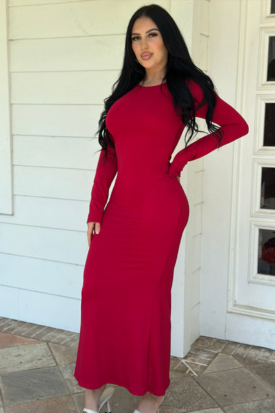 Wine Long Bell Sleeves Fitted Flare Fleece Long Maxi Party Dress