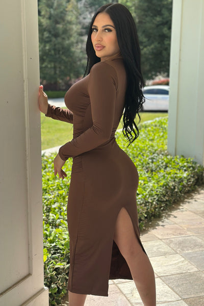 Brown Long Sleeves Fitted Back Slit Sexy Midi Party Dress