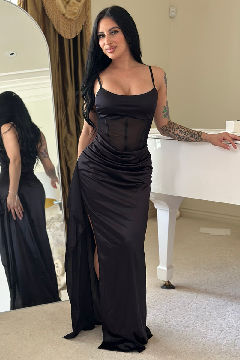 Black Stretchy Satin Boned Corset Mesh Sexy Slit Maxi Party Dress
