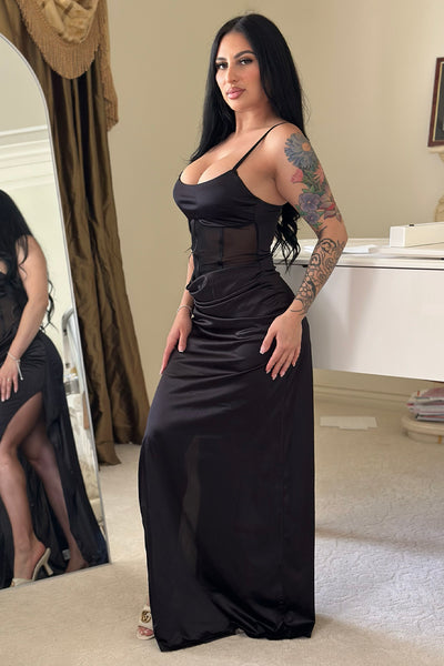 Black Stretchy Satin Boned Corset Mesh Sexy Slit Maxi Party Dress