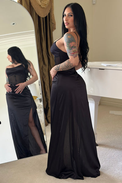 Black Stretchy Satin Boned Corset Mesh Sexy Slit Maxi Party Dress