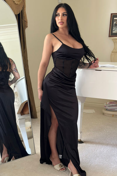 Black Stretchy Satin Boned Corset Mesh Sexy Slit Maxi Party Dress