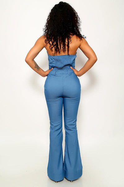 Blue Denim Halter Smocked Back Fitted Bell Bottom Sexy Jumpsuit - AMIClubwear