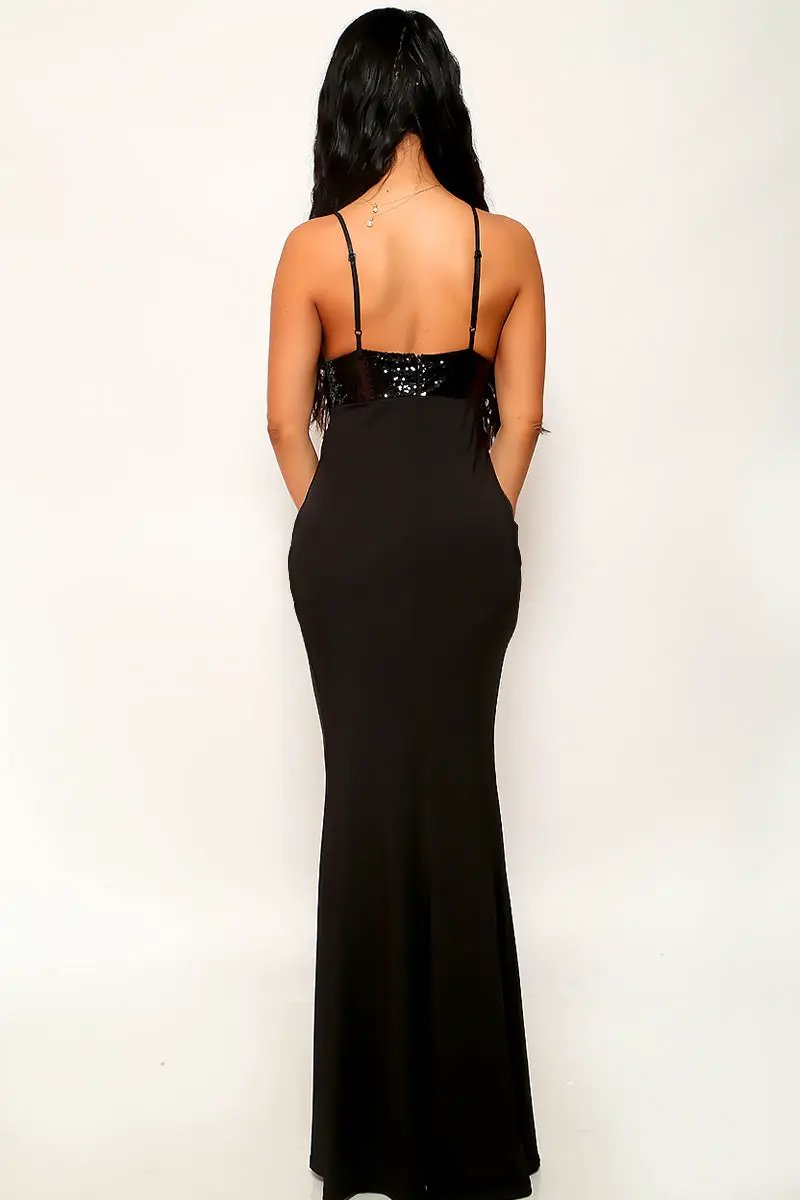 Black Sequin Deep V Fitted Flare Maxi Floor Length Sexy Dress