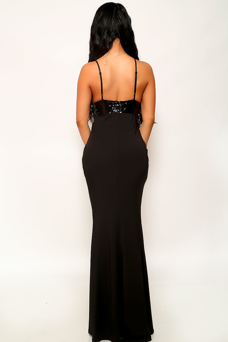 Black Sequin Deep V Fitted Flare Maxi Floor Length Sexy Dress