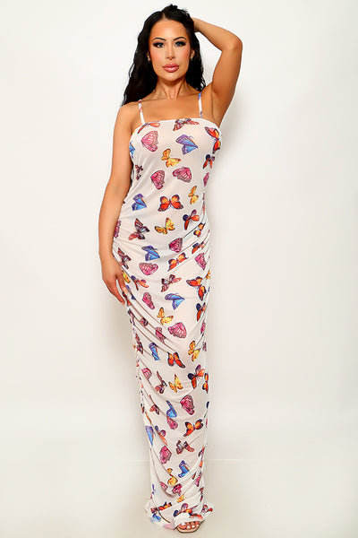White Butterfly Print Mesh Ruched Sexy Maxi Vacation Party Dress