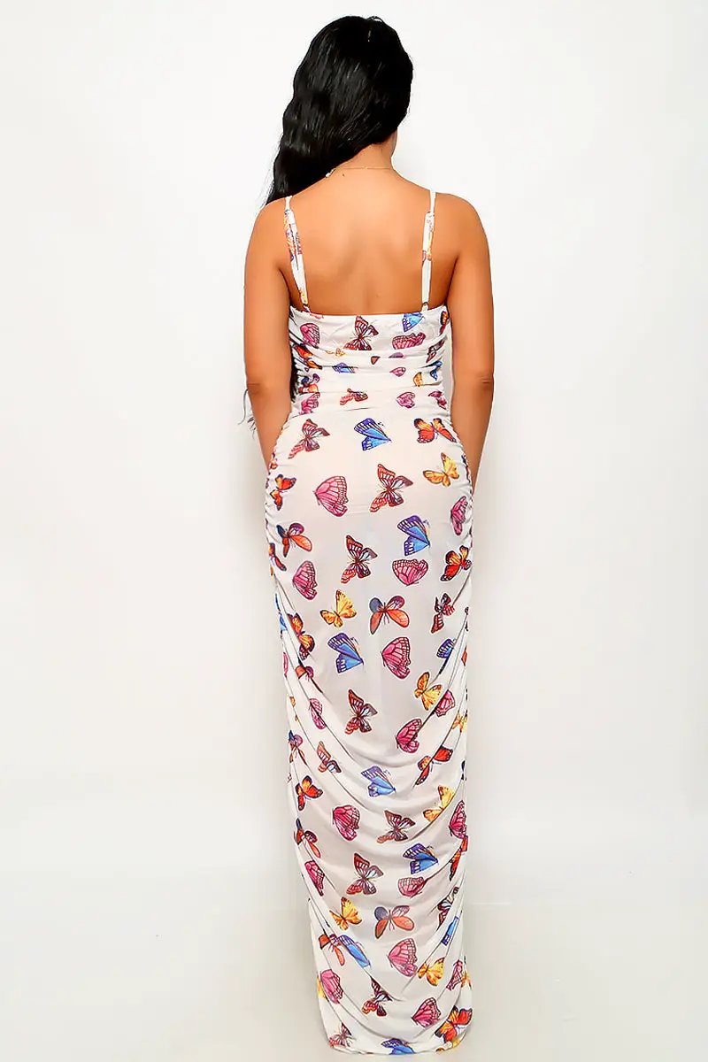 White Butterfly Print Mesh Ruched Sexy Maxi Vacation Party Dress