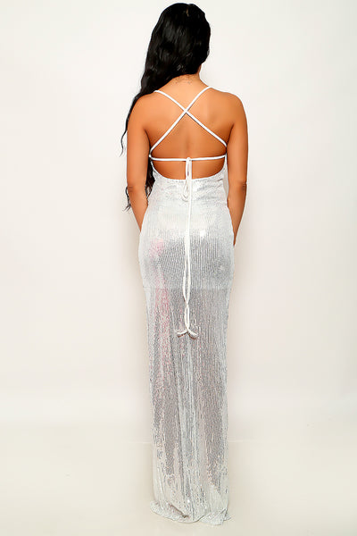 Silver Sequin Strappy Backless Slit Sexy Full Length Party Dress