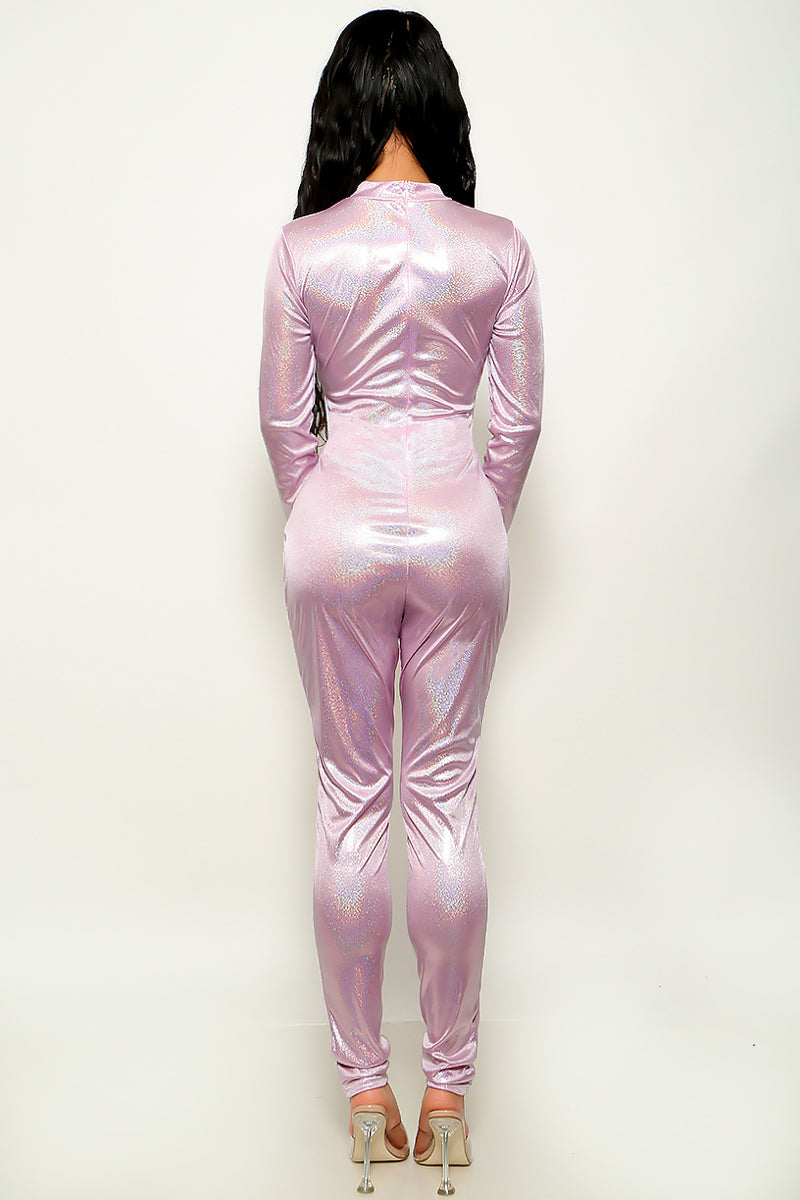 Light Pink Holographic Long Sleeve Lace-Up Cut-Out Sexy Jumpsuit Outfit