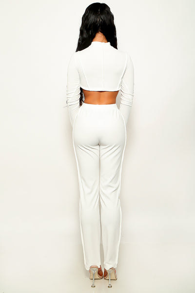 White Knitted Gold Chain Lace Up 2Pc Sexy Crop Top Pants Set Outfit