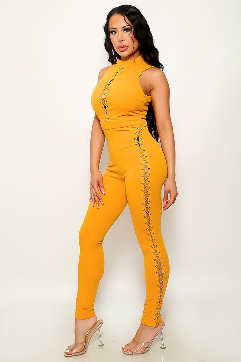 Yellow Lace-Up Sleeveless Zipper Sexy Fitted Jumpsuit