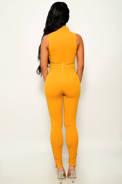 Yellow Lace-Up Sleeveless Zipper Sexy Fitted Jumpsuit
