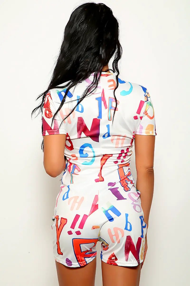 White Multi Color Print Sexy Zipper Stretchy Romper