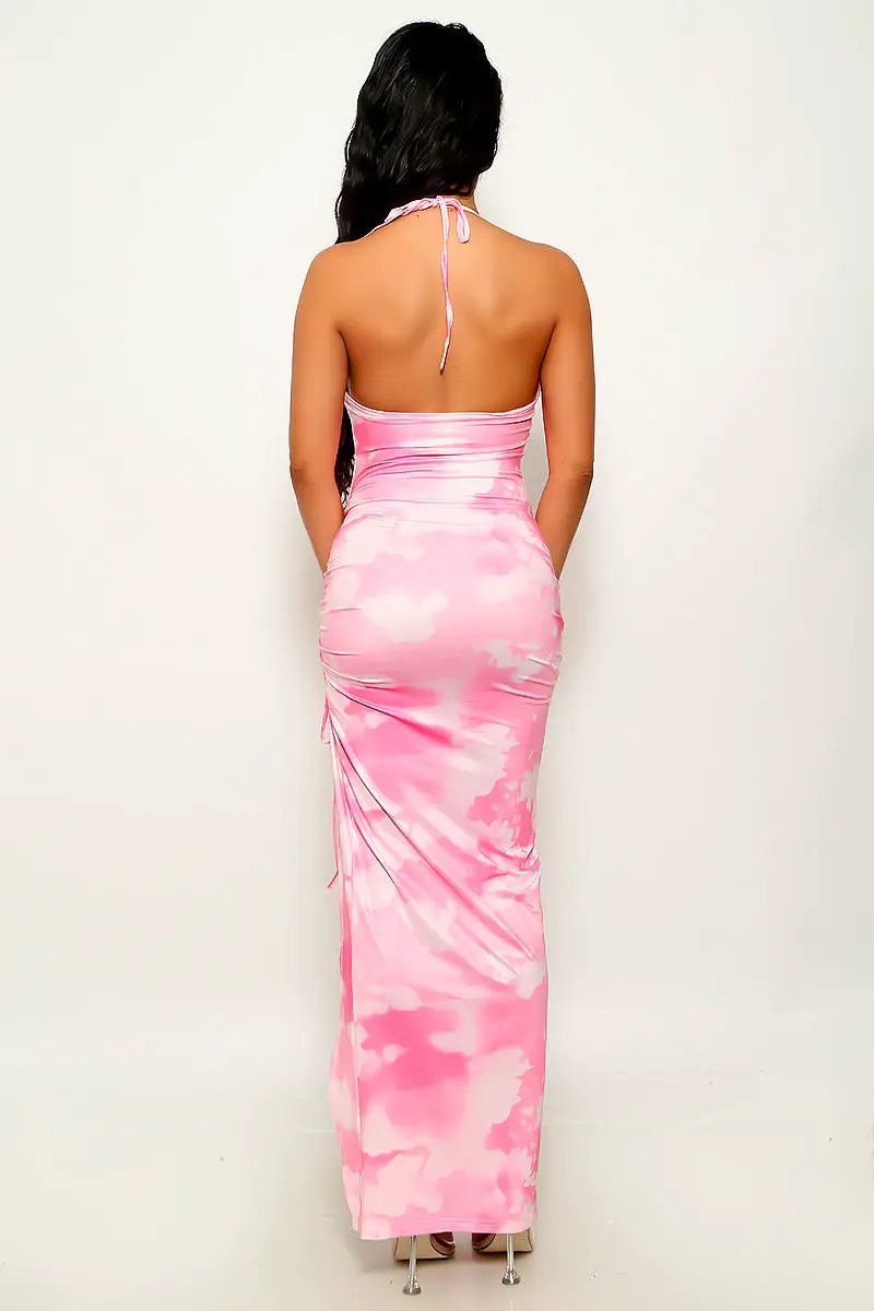 Pink Tie Dye Halter Ruched High Slit Sexy Maxi Dress